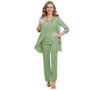JAEDEN Chiffon Brautmutter Anzug 3 Teilig Hochzeitsgast Hosen Set Formell Mutter der Braut Hosenanzug Staubiger Salbei 46