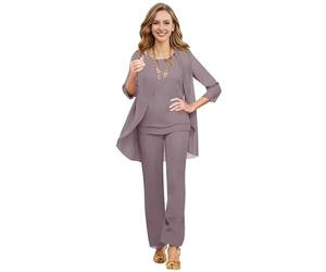 JAEDEN Chiffon Brautmutter Anzug 3 Teilig Hochzeitsgast Hosen Set Formell Mutter der Braut Hosenanzug Mauve 58