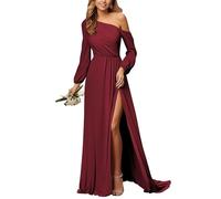 JAEDEN Damen Abendkleider Eins Schulter Langarm Brautjungfernkleider A-Linie Chiffon Hochzeit Gast Maxikleid Burgund 36
