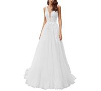 JAEDEN Damen Brautkleid A-Linie Prinzessin Hochzeitskleid Lang Tüll Standesamt Brautmode V-Ausschnitt Trauung Kleid Weiß 44