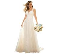 JAEDEN Damen Brautkleid Lang Tüll Boho Standesamt Hochzeitskleider A-Linie Brautmode Elfenbein 44