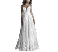 JAEDEN Damen Brautkleid Prinzessin V-Ausschnitt Spitzen Träger Hochzeitskleid Standesamt Trauung Kleider mit Schleppe Elfenbein 36