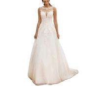 JAEDEN Damen Brautkleid Vintage Standesamt Hochzeitskleid Rundkragen Tüll Trauung Brautmode Elfenbein 40