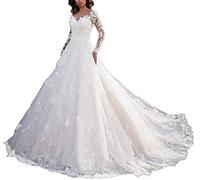 JAEDEN Damen Brautkleider Hochzeitskleider V-Ausschnitt Lange Ärmel Brautkleid Prinzessin Trauung Kleider Spitze Tüll Elfenbein 34