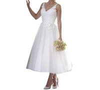JAEDEN Damen Kurz Brautkleid Vintage Standesamt Hochzeitskleid A-Linie Spitze Brautkleider Ärmellos Weiß 52