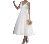 JAEDEN Damen Kurz Brautkleid Vintage Standesamt Hochzeitskleid A-Linie Spitze Brautkleider Ärmellos Elfenbein 38