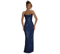 JAEDEN Damen Pailletten Ballkleider Trägerlos Abendkleider Meerjungfrau Abschlusskleid Glitzer Partykleid Marineblau 40