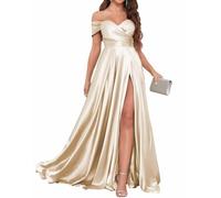 JAEDEN Damen Satin Brautjungfernkleider Lang Formelle Abendkleid Off Shoulder Prom Kleid mit Schlitz Champagner 36