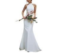 JAEDEN Damen Satin Meerjungfrau Brautkleider Hochzeitskleider Neckholder Schlichte Brautmode Rückenfrei Weiß 32