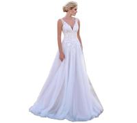 JAEDEN Damen Spitze Brautkleider Lang Hochzeitskleider Boho Standesamtkleider Brautmode Elfenbein 46