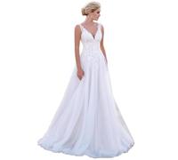 JAEDEN Damen Spitze Brautkleider Lang Hochzeitskleider Boho Standesamtkleider Brautmode Weiß 44