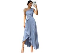 JAEDEN Ein Schulter Satin Brautjungfernkleider Damen A Linie Abendkleid Plissee Ballkleider mit Schlitz Staubiges Blau 32
