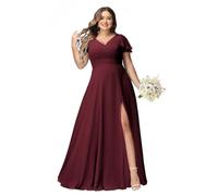 JAEDEN Große Größen Abendkleid Lang Chiffon Brautjungfernkleid Rüschen Kurzarm Hochzeits Gast Kleid Dunkles Burgunder 58