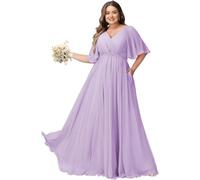 JAEDEN Große Größen Abendkleid mit Taschen Damen Lang Brautjungfernkleid V Ausschnitt Hochzeitsgast Kleid Lila 50