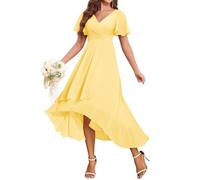JAEDEN Hochzeitsgast Kleid Damen V Ausschnitt Abendkleider Festlich Chiffon Brautjungfernkleider Knielang Gelb 42