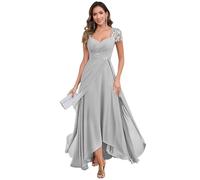 JAEDEN Kleid für Brautmutter Chiffon A-Linie Abendkleid Lang Hochzeitsgäste Brautmutterkleider Silber 48