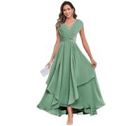 JAEDEN Kleid für Brautmutter Chiffon Brautmutterkleid V-Ausschnitt Abendkleider A-Linie Festliches Kleid Pastellgrün 40