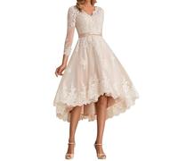 JAEDEN Kurz Brautkleider Spitze Tüll Brautkleid Vintage Unregelmässig Hochzeitskleider Langarm Standesamtkleid A-Linie Champagner 38