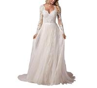 JAEDEN Langarm Boho Brautkleid V-Ausschnitt Hochzeitskleid Spitze Tüll Standesamtkleid A-Linie Brautmode Elfenbein 36