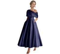 JAEDEN Satin Brautmutterkleider für Hochzeit EIN Schulter Abendkleid A-Linie Hochzeitsgast Kleid Marineblau 32