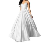 JAEDEN Spaghetti-Träger Ballkleider mit Taschen Satin Abschlusskleid V-Ausschnitt Abendkleider Weiß 34