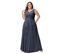 JAEDEN V-Ausschnitt Abendkleid Damen Große Größen Chiffon Brautjungfernkleid für Hochzeit Formelle Maxikleid Stürmisches Blau 52