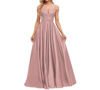 JAEDEN V-Ausschnitt Ballkleid Satin Spaghettiträger Abendkleider A-Linie Abiballkleider Altrosa 38