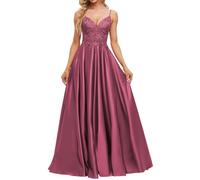 JAEDEN V-Ausschnitt Ballkleid Satin Spaghettiträger Abendkleider A-Linie Abiballkleider Himbeere 36