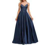 JAEDEN V-Ausschnitt Ballkleid Satin Spaghettiträger Abendkleider A-Linie Abiballkleider Marineblau 36