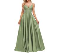 JAEDEN V-Ausschnitt Ballkleid Satin Spaghettiträger Abendkleider A-Linie Abiballkleider Salbeigrün 36