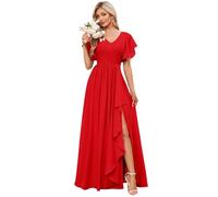JAEDEN V-Ausschnitt Brautjungfernkleider mit Ärmel A-Linie Abendkleider Formelle Partykleider Festliche Kleider Rot 36