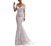 JAEDEN V-Ausschnitt Brautkleider Meerjungfrau Lang Spitze Hochzeitskleider Standesamtliche Brautkleid Langarm Weiß 44