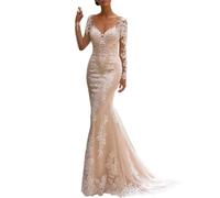 JAEDEN V-Ausschnitt Brautkleider Meerjungfrau Lang Spitze Hochzeitskleider Standesamtliche Brautkleid Langarm Champagner 42