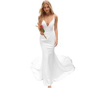 JAEDEN V-Ausschnitt Satin Brautkleider Spaghettiträger Standesamt Kleider Elegant Weiß 34