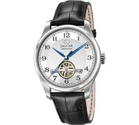JAGUAR Swiss Made Uhr Automatik Herren aus Leder Schwarz | Analog, Widerstandsfähiges Saphirglas, Wasserdicht 5 ATM J966/1, Silberfarbenes Zifferblatt, Doppeldruckknopf-Verschluss