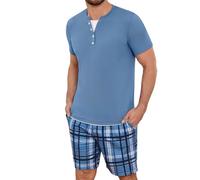 Jahetuul Schlafanzug Herren kurz Karomuster Schlafhose Männer Pyjama Sommer Henleykragen Schlafanzüge für Herren Pyjamashort Nachtwäsche Zweiteiler