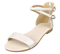 Jamron Damen Leder Knöchelriemen Sandalen Flach Open Toe Zurück Reißverschluss Sommer Pumps Schuhe Beige SN02036 EU37