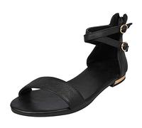 Jamron Damen Leder Knöchelriemen Sandalen Flach Open Toe Zurück Reißverschluss Sommer Pumps Schuhe Schwarz SN02036 EU37