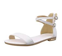 Jamron Damen Leder Knöchelriemen Sandalen Flach Open Toe Zurück Reißverschluss Sommer Pumps Schuhe Weiß SN02036 EU36