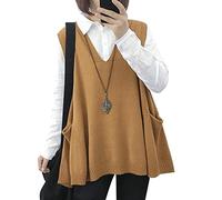 Janein Damen Pullunder ärmellos V Ausschnitt Stricken Weste Oversize Strickweste Beheizbare Tank Top Pullover M WM9DE Kamel