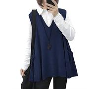 Janein Damen Pullunder ärmellos V Ausschnitt Stricken Weste Oversize Strickweste Beheizbare Tank Top Pullover M WM9DE Marineblau