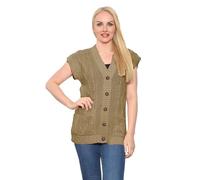 janisramone Ärmellose Strickjacke mit Knopfleiste für Damen, V-Ausschnitt, Zopfstrickweste mit Vordertaschen, bequem, warm, 5 Knöpfe, Damen-Strickjacke, khaki, 46/48/Große Größen