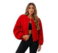 janisramone® Bomberjacke mit Ballonärmeln für Damen, einfarbig, Reißverschluss, elegante Damenjacken, leichte Sommerjacken für Damen, atmungsaktiv, Outdoor, lässig, Cropped-Jacke, Einheitsgröße, rot