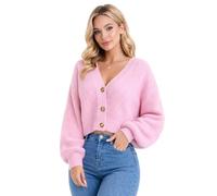 janisramone Cropped-Bolero-Strickjacken für Damen, V-Ausschnitt, 3 Knöpfe, kurze Damen-Strickjacke, lange Ballonärmel, Fischer-Strick-Crop-Top, Damen-Strickjacke, Damenpullover 36-42, babyrosa, 34-36