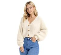 janisramone Cropped-Bolero-Strickjacken für Damen, V-Ausschnitt, 3 Knöpfe, kurze Damen-Strickjacke, lange Ballonärmel, Fischer-Strick-Crop-Top, Damen-Strickjacke, Damenpullover 36-42, cremefarben, 38