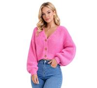 janisramone Cropped-Bolero-Strickjacken für Damen, V-Ausschnitt, 3 Knöpfe, kurze Damen-Strickjacke, lange Ballonärmel, Fischer-Strick-Crop-Top, Damen-Strickjacke, Damenpullover 36-42, neon pink, 34-36