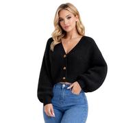 janisramone Cropped-Bolero-Strickjacken für Damen, V-Ausschnitt, 3 Knöpfe, kurze Damen-Strickjacke, lange Ballonärmel, Fischer-Strick-Crop-Top, Damen-Strickjacke, Damenpullover 36-42, Schwarz , 38-40