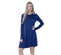 janisramone Damen Einfarbig Langarm Swing Kleid Rundhals Ausgestellt Skater A Linie Casual Mini Top Plus Size Gr. 38-40, navy