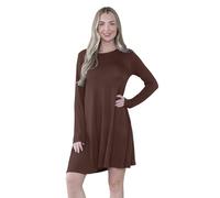 janisramone Damen Einfarbig Langarm Swing Kleid Rundhals Ausgestellt Skater A Linie Casual Mini Top Plus Size Gr. 50/52/Große Größen, braun