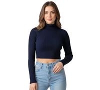 janisramone Damen Gerippter Crop Rollkragenpullover Strickpullover Langarm Top Soft Stretch Pullover Winter Cropped Sweater Casual Slim Fit Größe 36-42, navy, 34-36